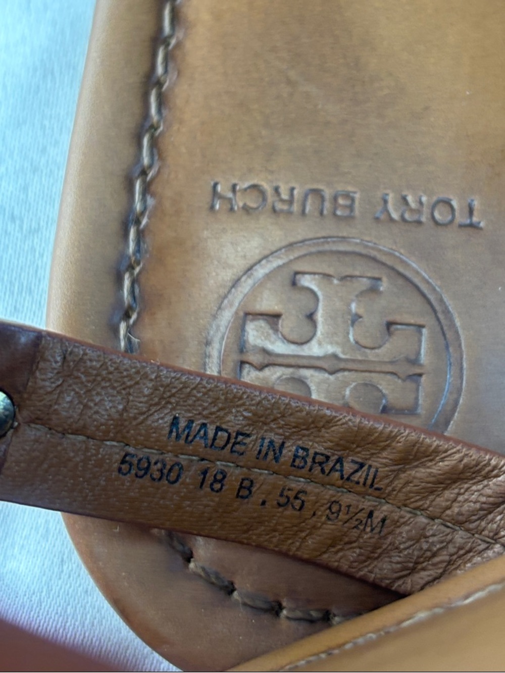 Tory Burch Miller Leather Logo Thong Sandals in Cognac Brown with Gold Accents - Picture 7 of 10